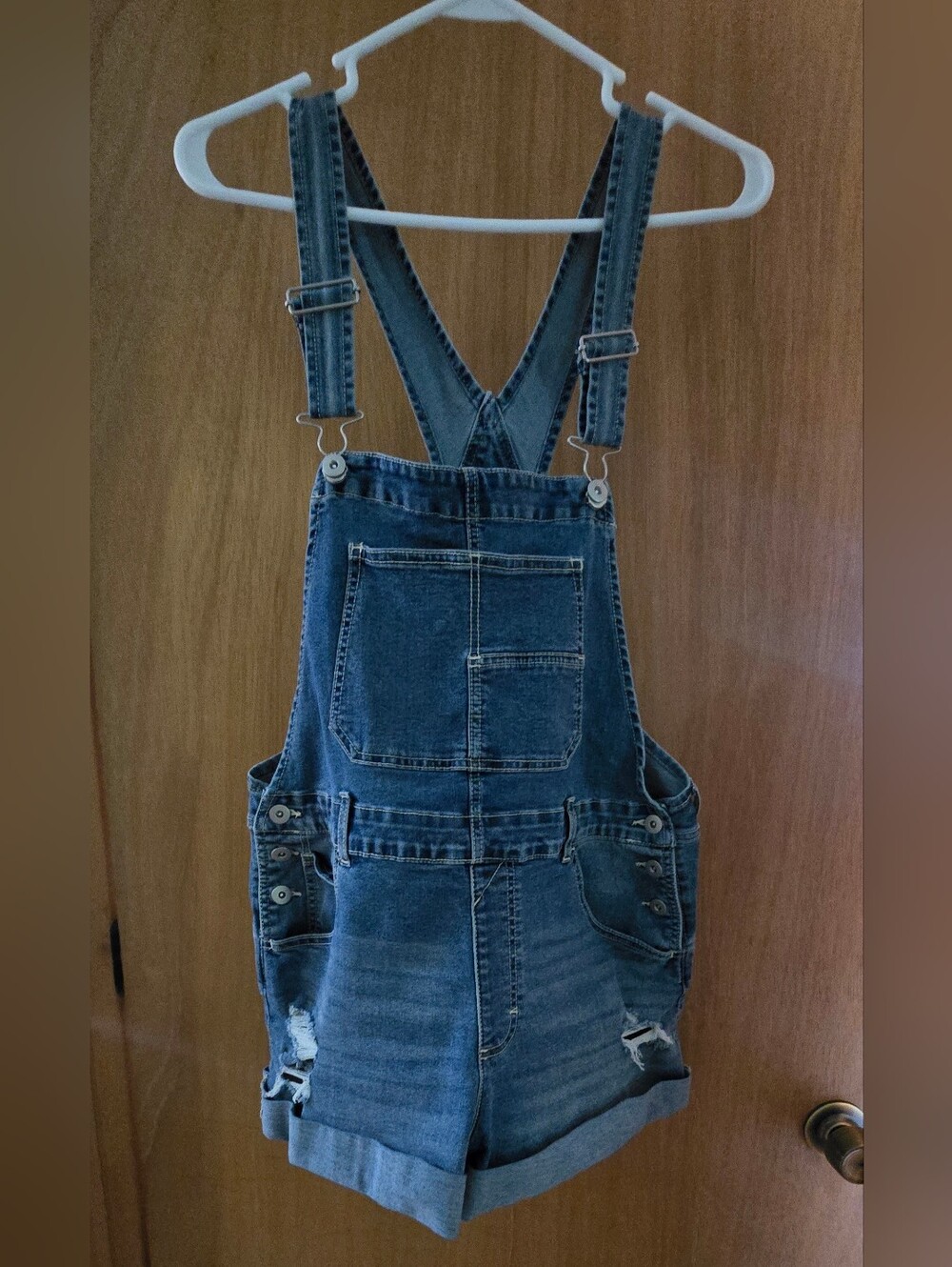 No Boundaries Light Blue Denim Short Overalls - Picture 3 of 5